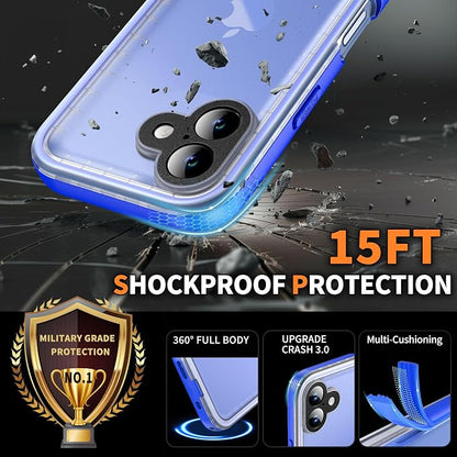 Cozycase for iPhone 16 Case Waterproof - 360 Heavy Duty with Screen/Camera Protector Shockproof IP68 Underwater Dustproof Water Dust Shock Proof Full Body/Front and Back Case Blue/Frosted Clear