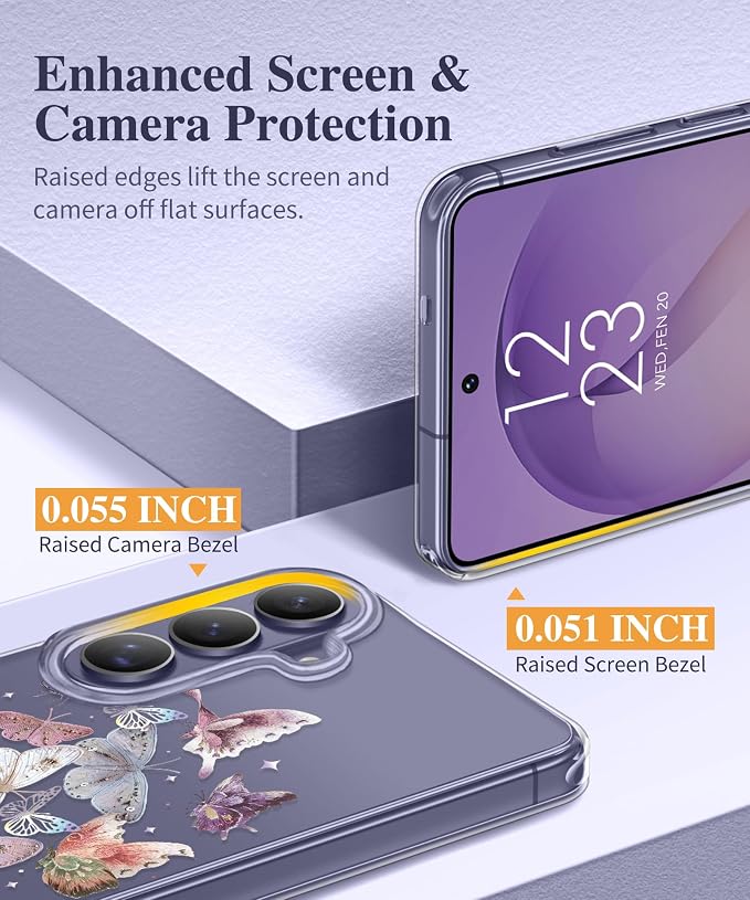 GVIEWIN for Samsung Galaxy S26 Plus Case, Clear Floral Slim Shockproof Protective Women Phone Case, Non-Yellowing, with Screen Protector&Camera Lens Protector for S26 Plus 6.7", Flutters/Purple