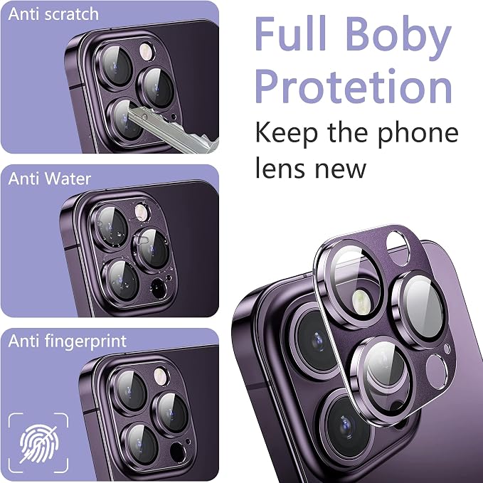 2 Pack Camera Lens Protector for iPhone 14 Pro/14 Pro Max,[Not Easy to Breakn ] AR Tempered Glass Strong Adsorption Metal Camera Cover Screen-Dark purple
