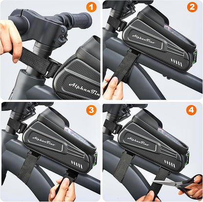 Bike Phone Holder Bag - Waterproof Hard Case Large Capacity Top Tube Front Frame Bicycle Pouch Cycling Mount, Bike Accessories, TPU Touch-Screen & Sun-Visor (Green ZIpper)