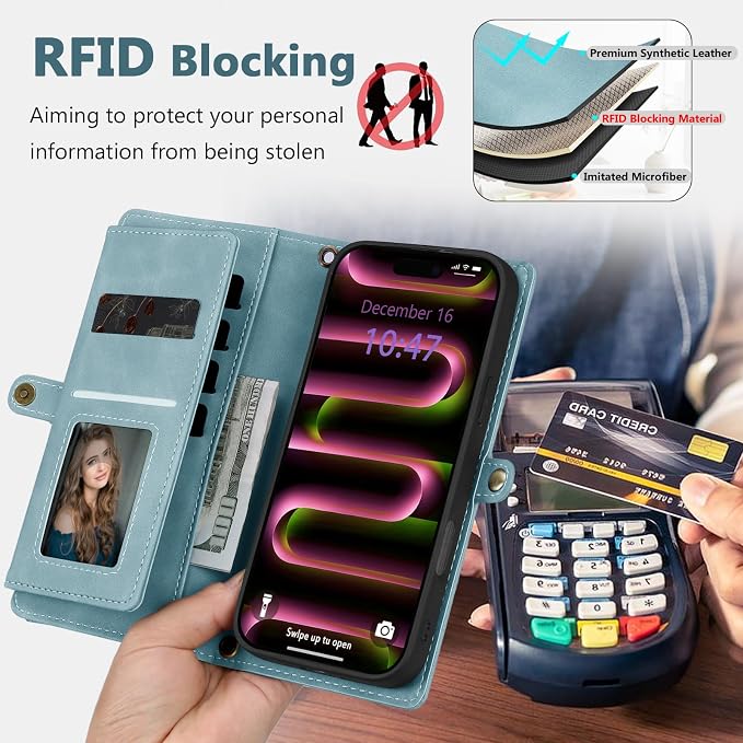 Wallet Case for iPhone 16 Pro with Card Holder/Crossbody Wallet/Strap| RFID Blocking | Magnetic | Kickstand | Detachable | PU Leather Phone Case for iPhone 16 Pro,6.3 in,Blue