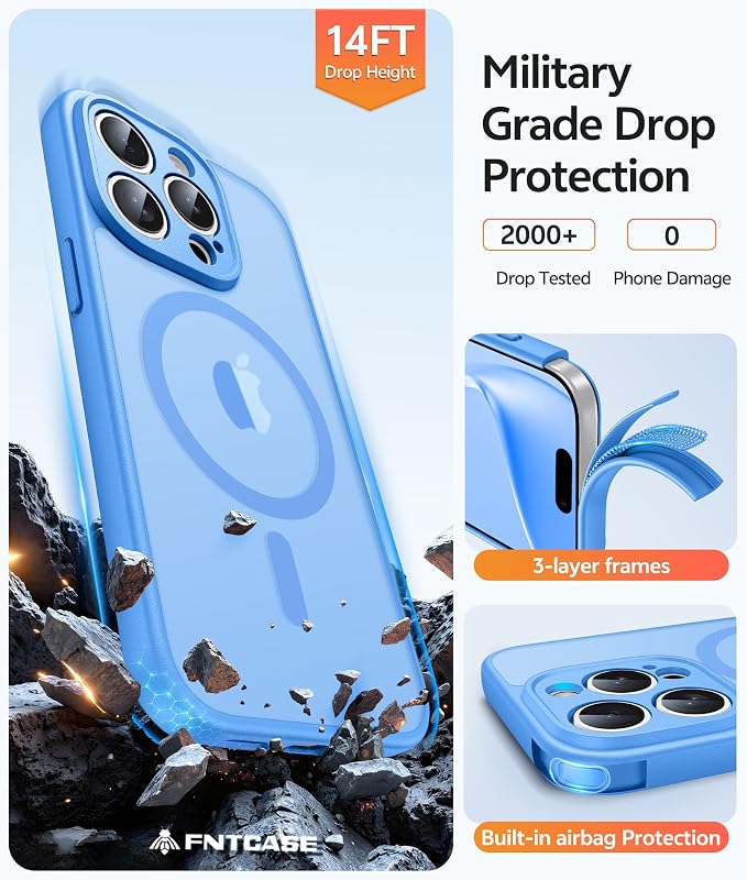 FNTCASE for iPhone 15 Pro Max Case, Fit for Magsafe, Glass Screen Protector | Full Camera Protection, Translucent Matte, 14FT Military Grade Drop Proof, Shockproof Protective Phone Cover, Ice Blue