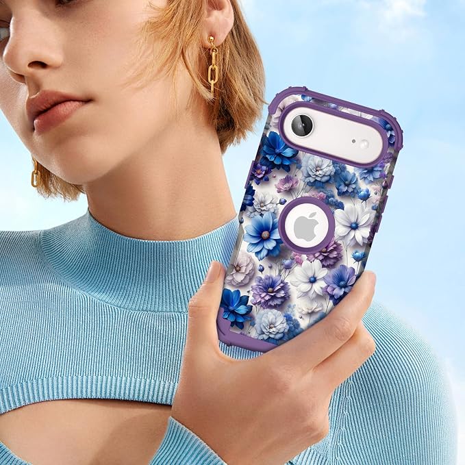 Hocase for iPhone Air Case 6.5", Heavy Duty Shockproof Protection Soft Silicone Rubber+Hard Plastic Bumpers Hybrid Protective Case for iPhone Air 2025 - Blue Purple Flowers