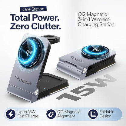 THONIV- Qi2 3-in-1 Magnetic Wireless Charging Station, Foldable 15W Fast Charger for iPhone 11–17 Series, Apple Watch and Wireless Earbuds, Portable Travel Dock, MagSafe Compatible, 30W Adapter
