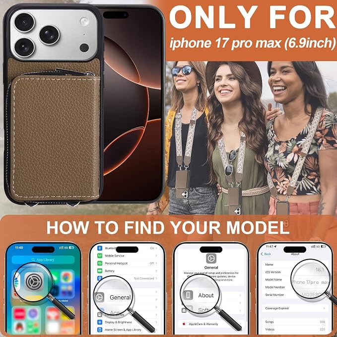 XANGNIER Wallet Case for iPhone 17 Pro Max with Strap, RFID Blocking PU Leather Crossbody Phone Purse with Card Holder, Zipper Pocket, Wrist Strap & Adjustable Lanyard for Women 6.9" 5G,Brown