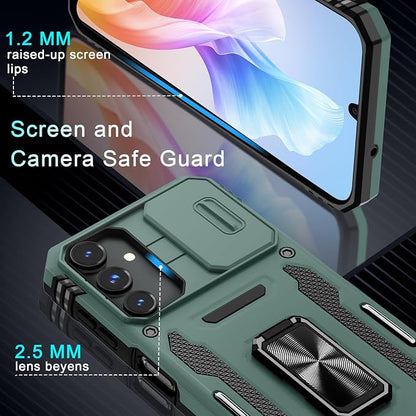 DEERLAMN Case for Samsung Galaxy A15 5G with Slide Camera Cover+Screen Protector (1 Pack), Rotated Ring Kickstand Military Grade Shockproof Protective Cover-Green