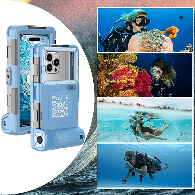 Underwater Snorkeling Diving Phone Case, Universal Waterproof Phone Case for iPhone 17/16/15/14/13/12/11Pro Max/XR/XS/X for Samsung Galaxy S24/S23/S22/S21,Scuba Underwater Photo Video Housing(Blue)