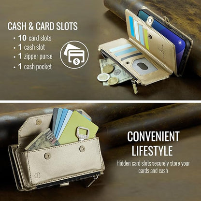 Strapurs Wallet Case Compatible with iPhone 16 Pro 6.3" RFID Blocking 10-Card Holder Soft PU Leather Magnetic Snap Shoulder Strap Zipper Pocket Phone Case Fit for iPhone 16 Pro for Women - Gold