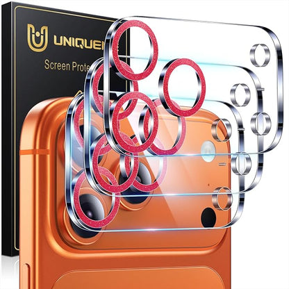 UniqueMe Compatible for 3 Pack iPhone 17 Pro Camera Lens Protector - [Drop Protection] [Case Friendly] 9H Tempered Glass Camera Cover Screen [Update New Version] - Glitter Red