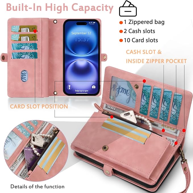 for Wallet Case Compatible with iPhone 16e / 17e,Multi-Function Detachable 2 in 1 Magnetic iPhone 16e/17e Case Wallet,Flip Strap Zipper Card Holder Phone Case with Shoulder Straps (Pink)