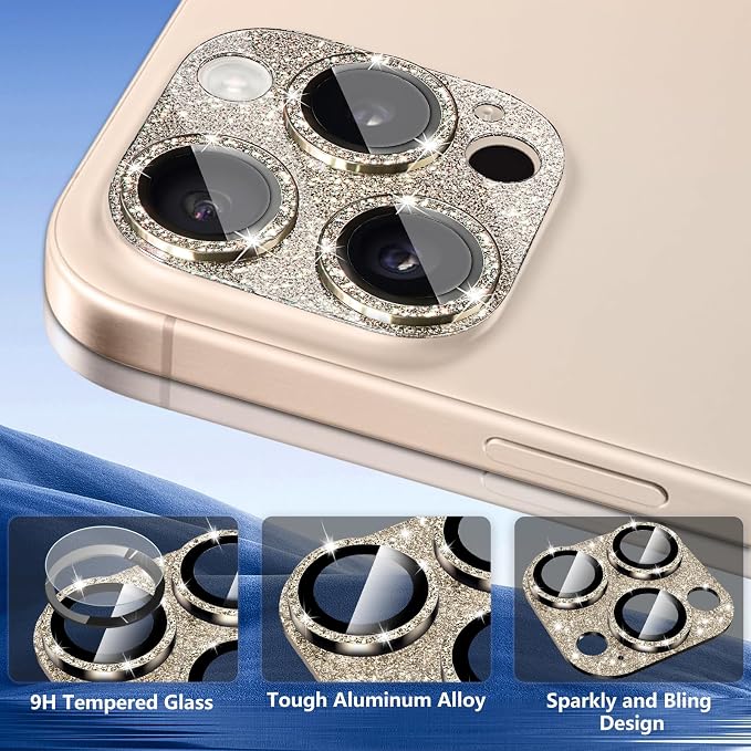 Camera Lens Protector for iPhone 16 Pro/iPhone 16 Pro Max, Glitter Camera Cover with 9H Tempered Glass Metal Ring, Lens Protector for iPhone 16 Pro/16 Pro Max (Glitter-Titanium Gold)