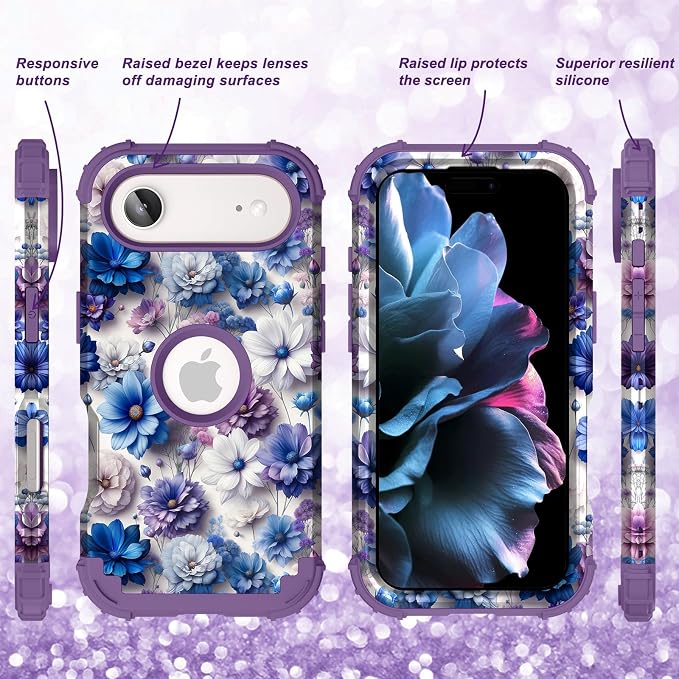 Hocase for iPhone Air Case 6.5", Heavy Duty Shockproof Protection Soft Silicone Rubber+Hard Plastic Bumpers Hybrid Protective Case for iPhone Air 2025 - Blue Purple Flowers