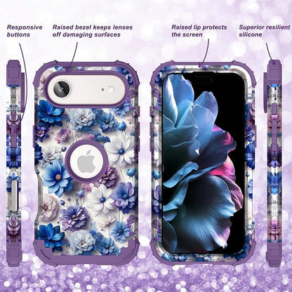 Hocase for iPhone Air Case 6.5", Heavy Duty Shockproof Protection Soft Silicone Rubber+Hard Plastic Bumpers Hybrid Protective Case for iPhone Air 2025 - Blue Purple Flowers