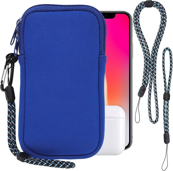 Pwsap Phone Sock, Universal Shock & Impact Resistant Neoprene Pouch with Carabiner and Lanyard Strap Sleeve Case for Hiking & Travelling Phone Bag Fits Phones up to 7 Inches, Light Blue, M