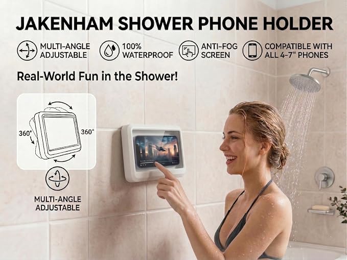 Shower Phone Holder Waterproof, 360° Adjustable Anti-Fog Case, Wall Mount for All Smartphones Up to 7 Inches