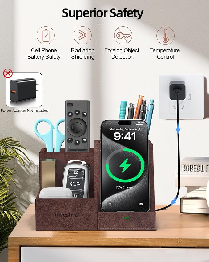 Wireless Charger with Desk Organizer, Pen Pencil Holder, Multifunctional Desktop Organizer, Office Supplies and Desk Accessories Organizer with 3 Compartments and 1 Phone Stand, Dark Brown