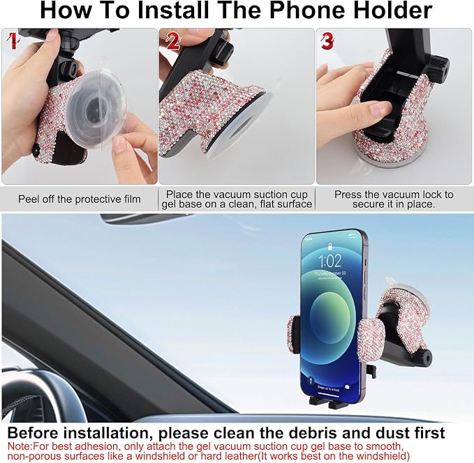 Bling Car Phone Mount Holder,Shiny Crystal Rhinestone Phone Stand for Women and Girls, Car Accessories for Windshield, Compatible with Most Cellphones (Pink)