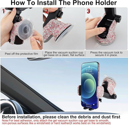 Bling Car Phone Mount Holder,Shiny Crystal Rhinestone Phone Stand for Women and Girls, Car Accessories for Windshield, Compatible with Most Cellphones (Pink)