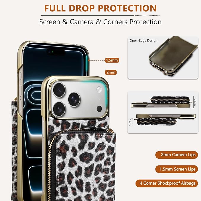 Keallce Wallet Case for iPhone 17 Pro Max 6.9", Crossbody Zipper Purse with Wristlet Strap, 4 Card Slots with RFID Blocking and Kickstand, Electroplated Leather Case for Women (White Leopard Print)