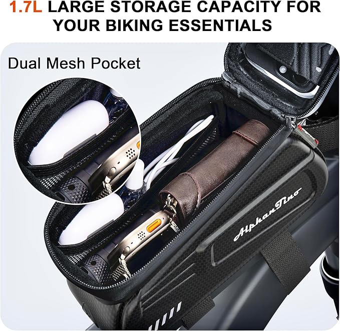 Bike Phone Holder Bag - Waterproof Bicycle Frame Bag Hard Case Large Capacity Top Tube Front Frame Cycling Mount Accessories Pouch, TPU Touch-Screen & Sun-Visor (Red Zipper)