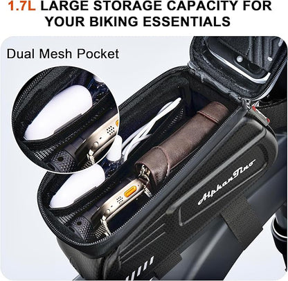 Bike Phone Holder Bag - Waterproof Bicycle Frame Bag Hard Case Large Capacity Top Tube Front Frame Cycling Mount Accessories Pouch, TPU Touch-Screen & Sun-Visor (Red Zipper)
