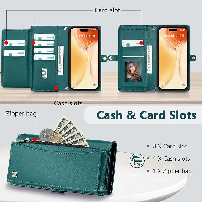 Wallet Case for iPhone 15 with Card Holder/Crossbody Wallet/Strap| RFID Blocking | Magnetic | Kickstand | Detachable | PU Leather Phone Case for iPhone 15,6.1 in,Green