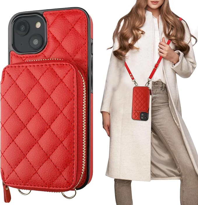 Bocasal Crossbody Wallet Case for iPhone 14 Plus, RFID Blocking PU Leather Zipper Handbag Purse Flip Cover, Kickstand Folio Case with Card Slots Holder Wrist Strap Lanyard 5G 6.7 Inch (Red)