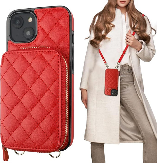 Bocasal Crossbody Wallet Case for iPhone 14 Plus, RFID Blocking PU Leather Zipper Handbag Purse Flip Cover, Kickstand Folio Case with Card Slots Holder Wrist Strap Lanyard 5G 6.7 Inch (Red)