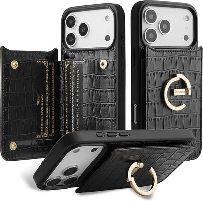 CUSTYPE Compatible with iPhone 17 Pro Wallet Case with Card Holder,180°Ring Holder Kickstand Card Slots Case,PU Leather Protective Case for iPhone 17 Pro 6.3inch-Black