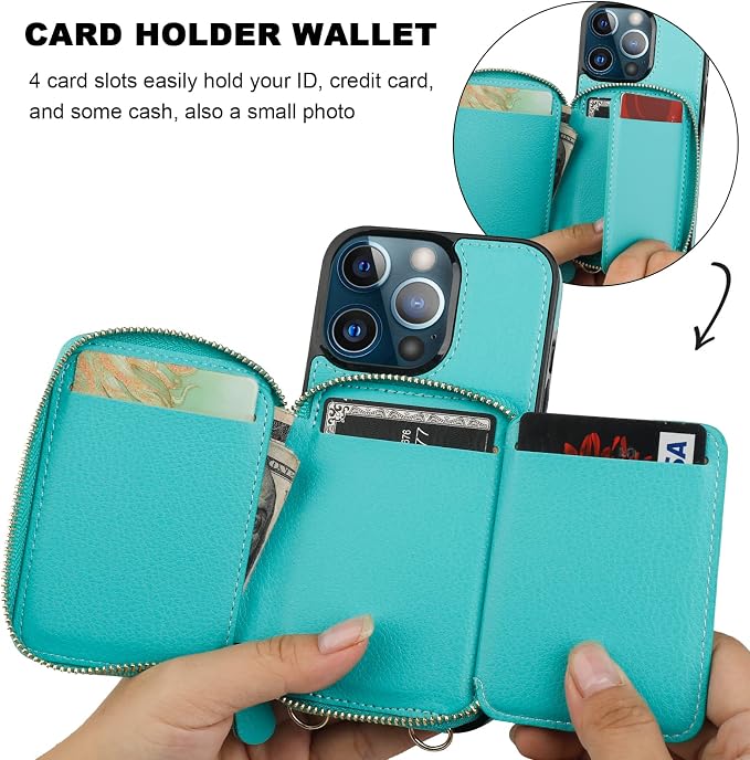 Bocasal RFID Blocking Wallet Case for iPhone 13 Pro, Adjustable Crossbody Zipper Purse Case Card Holder with Kickstand Detachable Wrist Strap, PU Leather Flip Folio Case 6.1 Inch 5G (Mint Green)