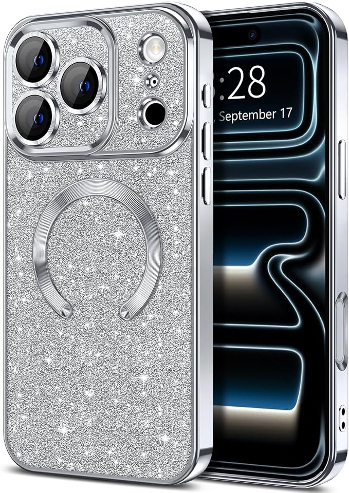 Hython for iPhone 17 Pro Max Case Glitter Clear Magnetic Phone Cases [Compatible with MagSafe] Full Camera Lens Protector Sparkle Luxury Plating Slim Shockproof Protective Cover Women, Silver