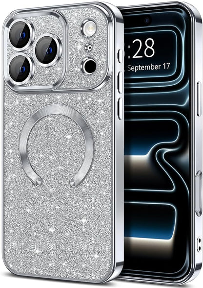Hython for iPhone 17 Pro Max Case Glitter Clear Magnetic Phone Cases [Compatible with MagSafe] Full Camera Lens Protector Sparkle Luxury Plating Slim Shockproof Protective Cover Women, Silver