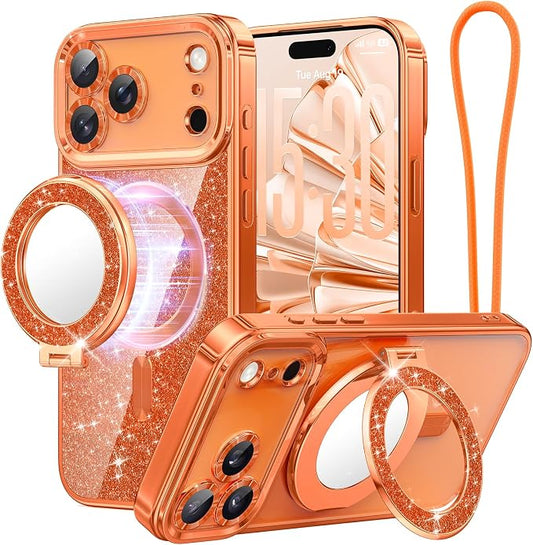 Meifigno Designed for iPhone 17 Pro Magnetic Case with Removable Phone Ring Stand, [Glitter Card & Wrist Strap] [MagSafe Compatible] [Built-in Mirror] Phone Ring Stand + Phone Case Kit, Orange