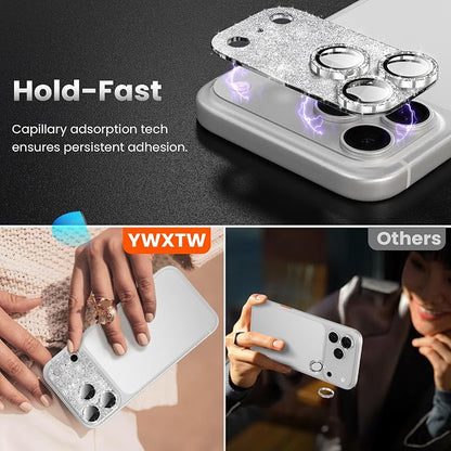 YWXTW for iPhone 17 Pro Max Camera Lens Protector, [Upgraded Glitter Design] Full Bling Sparkly Diamond Tempered Glass Screen Protector Metal Camera Cover Accessories (Glitter Silver, iPhone 17 Pro Max)