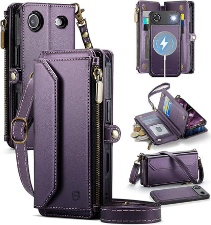 Strapurs for iPhone Air Detachable Wallet Case Compatible with Magsafe for Women, RFID Blocking 9-Card Holder Zipper Strap Lanyard PU Leather Magnetic Phone Case for iPhone 17 Air 6.5", Purple