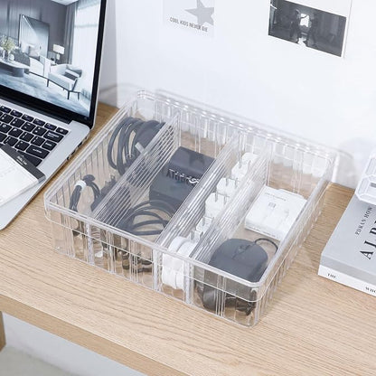 Large Cord Storage Box with Lid, Plastic Stackable Desk Drawer Organizer for Home Office Supplies, Phone Charger, USB Cable, Battery, Stationery, Art Crafts, Makeup, Pencil Holder