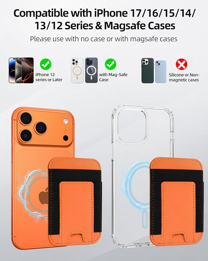 ExtreLife Upgraded for Magsafe Wallet, Stronger Magnetic Wallet for iPhone 17/16/15/14/13/12 Series, for iPhone Magsafe Wallets, RFID Blocking, Vegan Leather, Fit 7 Cards, Orange+Black