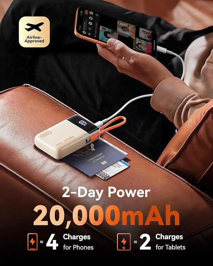INIU 45W Portable Charger, Smallest 20000mAh Power Bank with Build in USB-C Cable, Fast Charging USB C in&Out Battery Pack, Travel Phone Charger for iPhone 17 16 15 Air Samsung S25 S24 Google, Beige