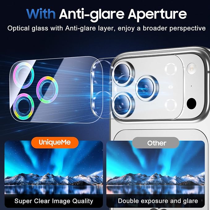 UniqueMe Compatible for 3 Pack iPhone 17 Pro Camera Lens Protector - [Drop Protection] [Case Friendly] 9H Tempered Glass Camera Cover Screen [Update New Version] - Glitter Colorful
