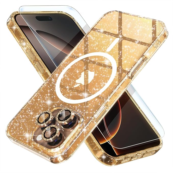 Choiche for iPhone 16 Pro Case Magnetic, Women Clear Glitter Bling Sparkly Case, [3xDiamond Camera Lens Protectors] [2xTempered Glass Screen Protectors] [Compatible MagSafe] 6.3"(Glitter Gold)