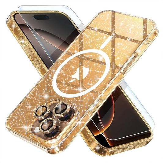 Choiche for iPhone 16 Pro Case Magnetic, Women Clear Glitter Bling Sparkly Case, [3xDiamond Camera Lens Protectors] [2xTempered Glass Screen Protectors] [Compatible MagSafe] 6.3"(Glitter Gold)