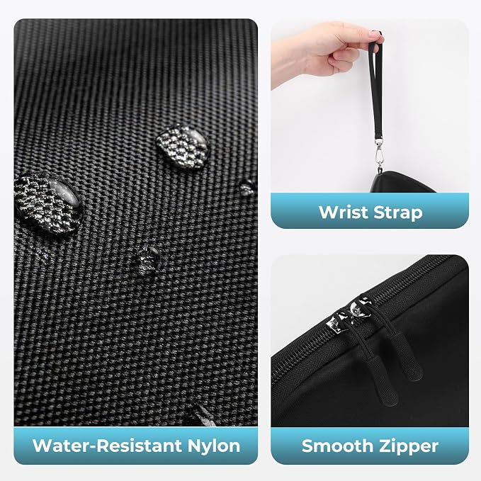 FYY Travel Cable Organizer - 8 Compartments, Lightweight, Water Repellent | With Wrist Strap, Portable Tech Pouch for Cord Charger, Travel and Business Trips Use, Soft Shell Nylon, Black (Large)