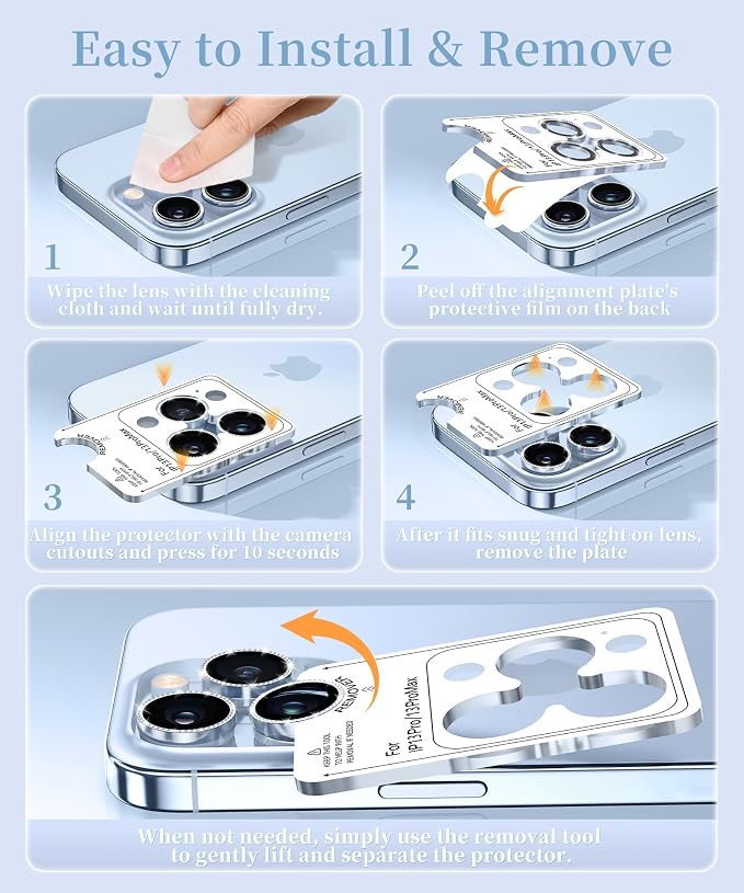 GolbinBox Camera Lens Protector for iPhone 13 Pro/13 Pro Max, 1:1 Invisible Fit, 9H Tempered Glass Ultra HD Metal Individual Camera Cover for Women, Case Friendly, Bling/Blue