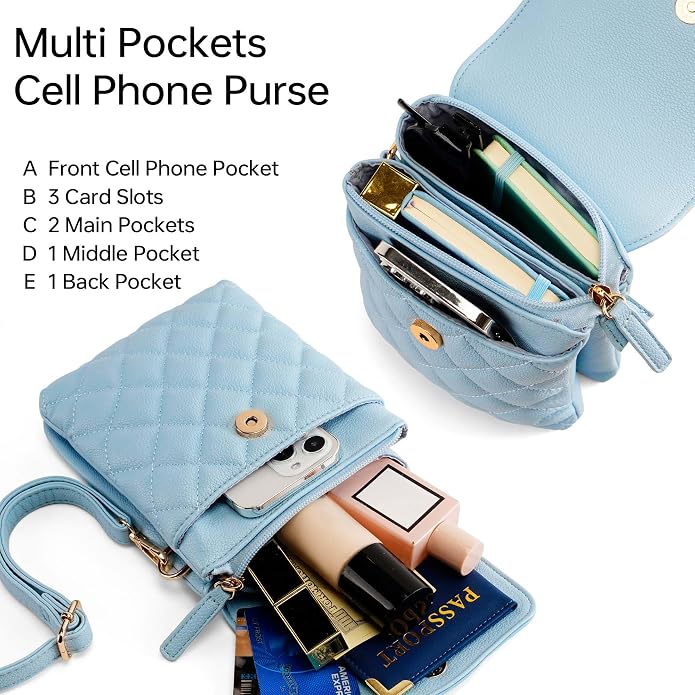 RFID Small Crossbody Purses for Women Quilted Cell Phone Purse with RFID Blocking Credit Card Slots