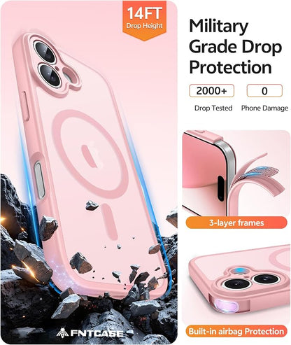 FNTCASE for iPhone 17 Case: [Compatible with Magsafe] Translucent Matte Cases with [Full Camera Protection] [Screen Protector] Military Grade Shockproof Protective Phone Cover - Light Pink