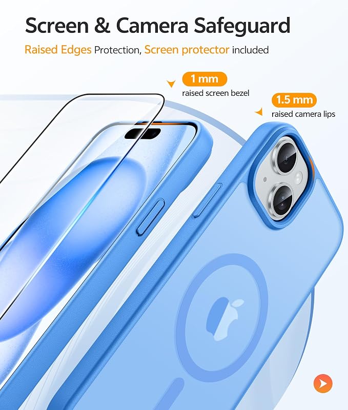 FNTCASE for iPhone 15 Case: for iPhone 14 Case & iPhone 13 Case [Compatible with Magsafe] Translucent Matte Cases with [Screen Protector] Military Grade Shockproof Protective Phone Cover - Ice Blue