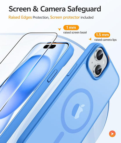 FNTCASE for iPhone 15 Case: for iPhone 14 Case & iPhone 13 Case [Compatible with Magsafe] Translucent Matte Cases with [Screen Protector] Military Grade Shockproof Protective Phone Cover - Ice Blue
