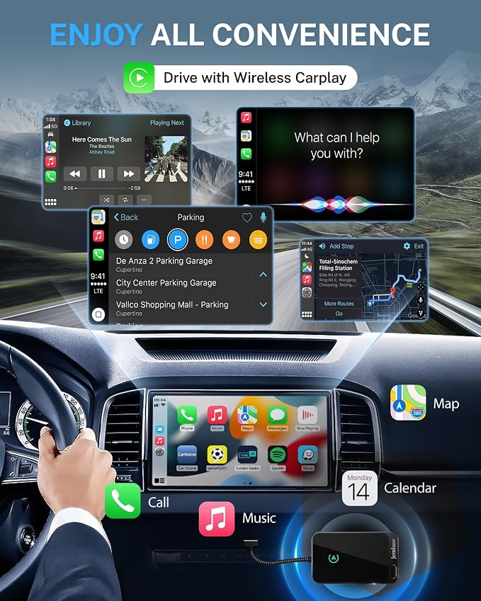 Jemluse Wireless CarPlay Adapter for Apple iPhone - Multi-User Seamless Connection for Convert Wired to Wireless Car Play Adapter - No Latency from iOS 10+ to Screen w/USB C(Charcoal)