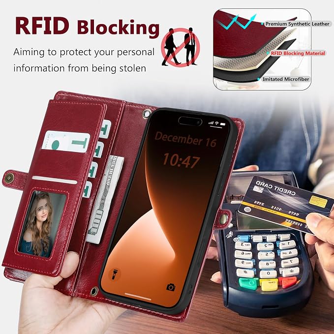Wallet Case for iPhone 15 Pro with Card Holder/Crossbody Wallet/Strap| RFID Blocking | Magnetic | Kickstand | Detachable | PU Leather Phone Case for iPhone 15 Pro,6.1 in,Wine Red
