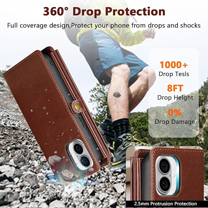 Wallet Case for iPhone 16 Plus with Card Holder/Crossbody Wallet/Strap| RFID Blocking | Magnetic | Kickstand | Detachable | PU Leather Phone Case for iPhone 16 Plus,6.7 in,Brown